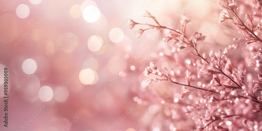Fototapeta premium Frosted pink branches with soft bokeh lights in the background, creating a dreamy winter scene.