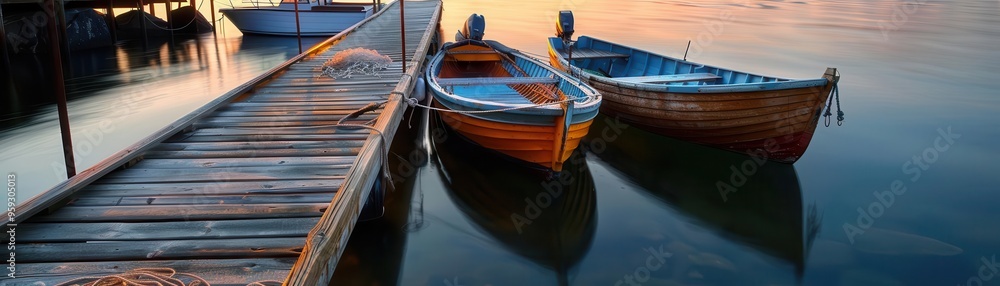Fishing dock with boats and nets, rustic and serene, Coastal, Cool tones, Photograph, Maritime life Fishing dock with boats and nets, rustic and serene, Coastal, Cool tones, Photograph, Maritime life