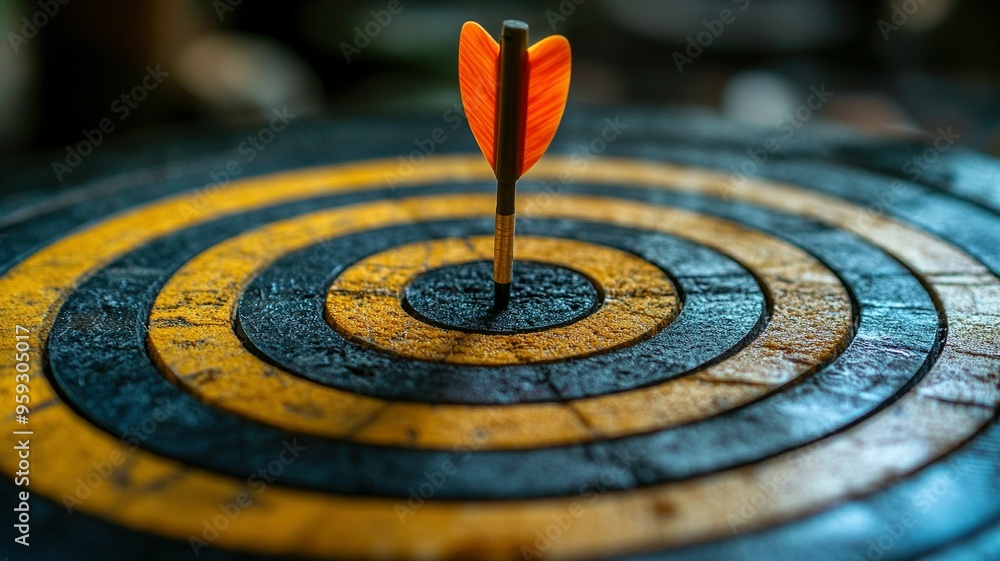 Orange-tipped Arrow in the Center of a Worn Dartboard Orange-tipped Arrow in the Center of a Worn Dartboard