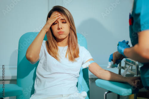 Stressed Woman Gets Blood Tests and is Fearful of the Needle. Patient feeling nauseated after blood draw test in a laboratory 
