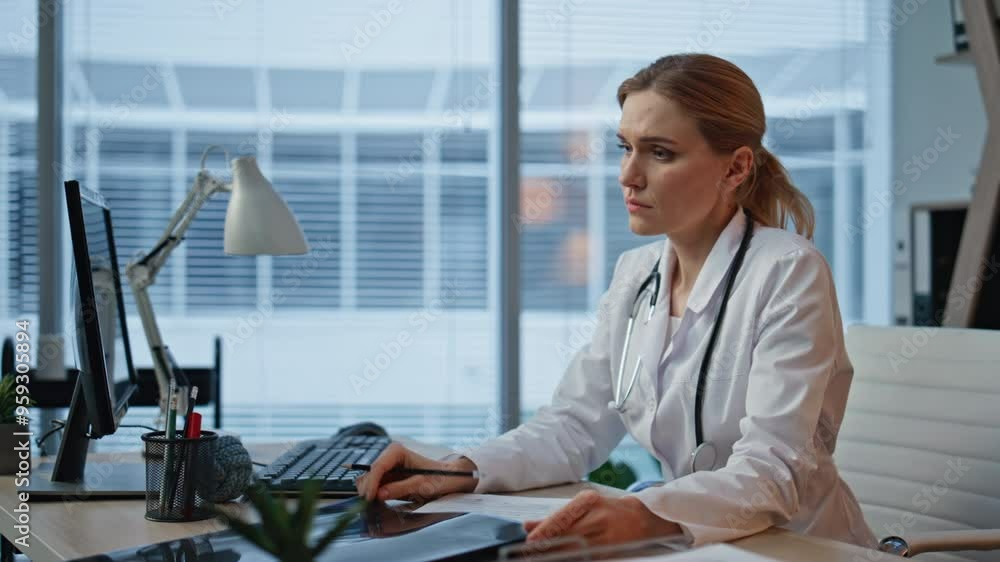 Radiologist checking patient scan at desk closeup. Serious practitioner thinking Radiologist checking patient scan at desk closeup. Serious practitioner thinking