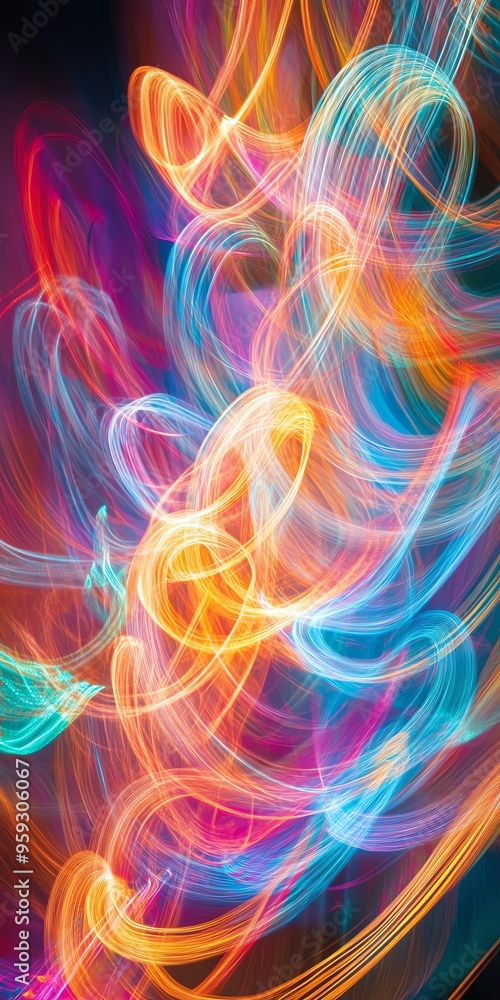 Light trails creating abstract waves, organic shapes, vibrant and energetic Light trails creating abstract waves, organic shapes, vibrant and energetic