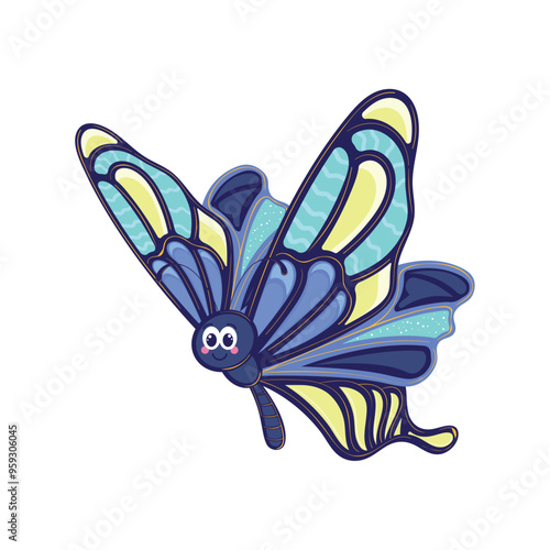 Colorful blue and white butterfly with smiling face Vector