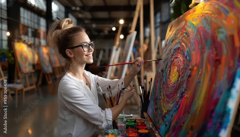 Obraz premium Painting class with students at easels, artistic and dynamic, Urban, Bright hues, Photograph, Creative learning