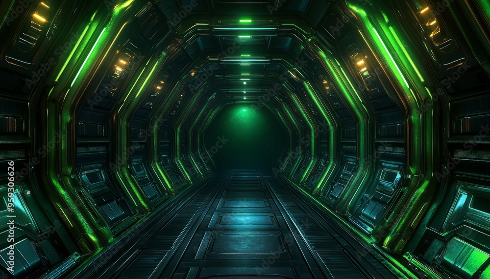 Futuristic Green and Black Corridor with Glowing Lights Futuristic Green and Black Corridor with Glowing Lights