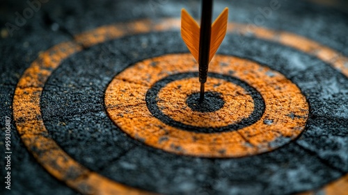 A Black and Orange Dartboard with an Arrow in the Bullseye