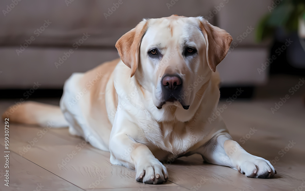 A dog sits on the floor in front of a couch, creating a cozy and inviting living room atmosphere. A dog sits on the floor in front of a couch, creating a cozy and inviting living room atmosphere.