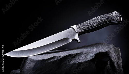 knife, metal, iron, cut, stone, rock, sharp, dangerous, illustration, design, black background photo