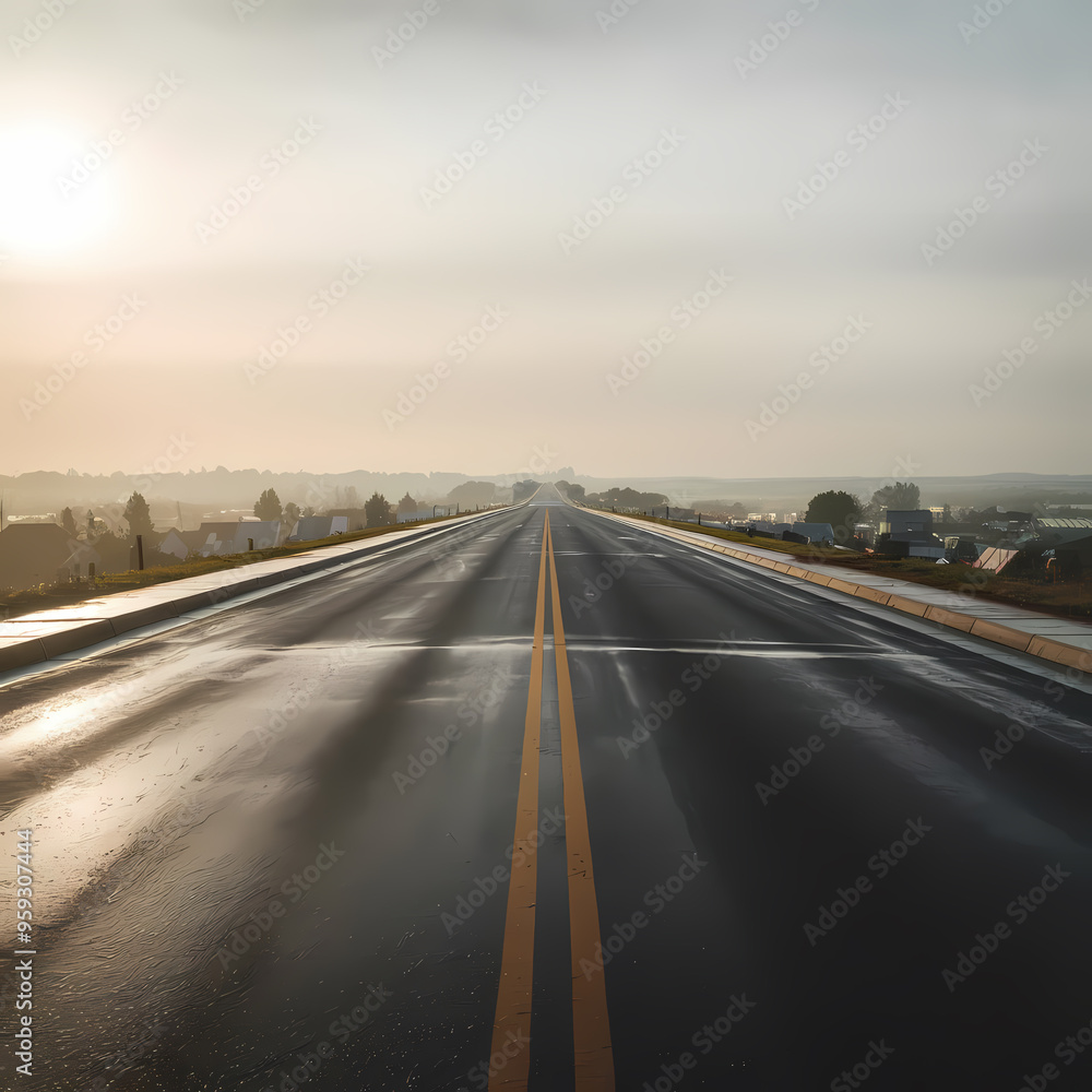 A serene empty highway stretches ahead, illuminated by the warm glow of a sunset on the horizon. A serene empty highway stretches ahead, illuminated by the warm glow of a sunset on the horizon.