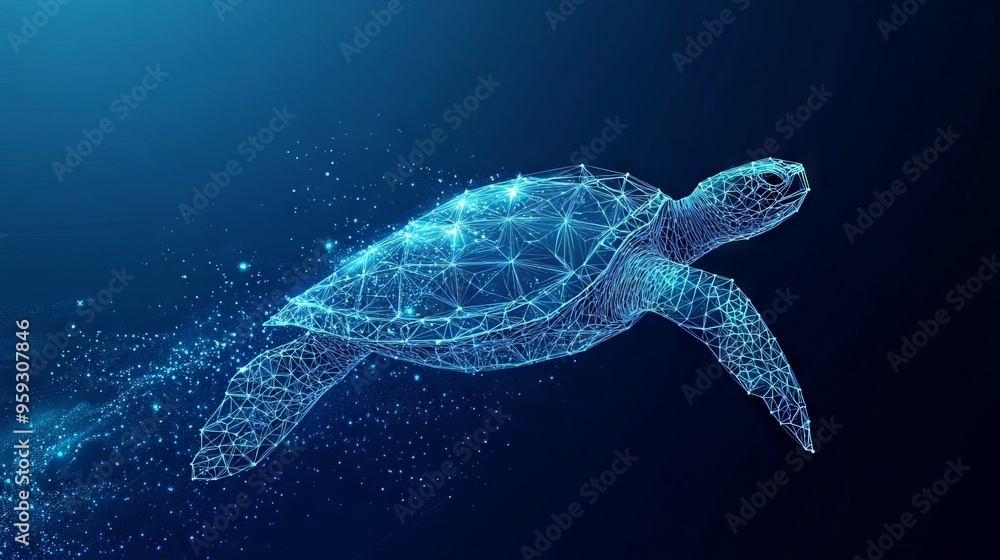 Fototapeta premium Abstract swimming sea turtle in polygons on technology blue background. Low poly wire frame marine life concept. Polygonal 3D vector illustration.