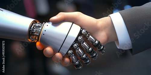 A human hand shaking hands with an AI-powered robotic hand, symbolizing collaboration between humans and AI