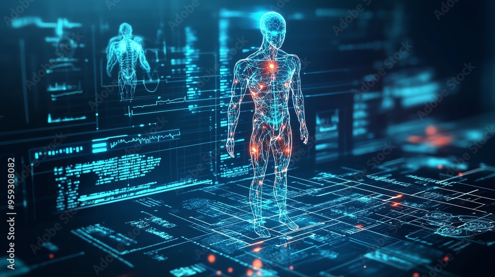 © clipart and bundle - An AI-powered healthcare system with glowing medical data visualizations, symbolizing advanced diagnostics and treatment