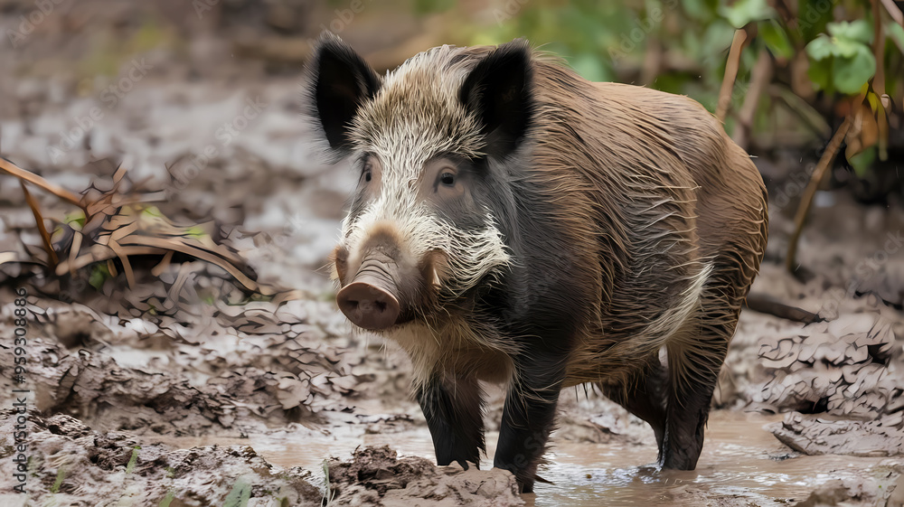 A wild boar wallowing in mud, showcasing its rugged texture and natural habitat. A wild boar wallowing in mud, showcasing its rugged texture and natural habitat.