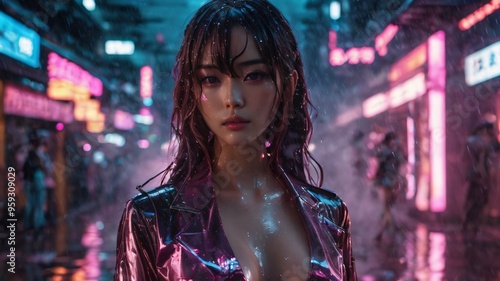 semi realistic artwork close up beautiful japanese or asian women under the rains and snow with cool background