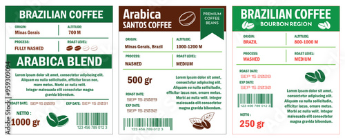 n illustration of coffee labels template, showcasing Robusta Blend and Arabica Grade Beans in cmyk mode with two tone color. The labels detail various coffee attributes such as origin, altitude,  