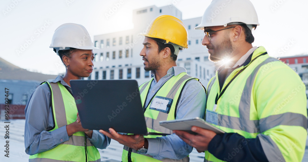Laptop, team and construction engineers on site for city planning, maintenance or repairs. Discussion, contractor and group of civil employees with technology for renovation approval on town rooftop. Laptop, team and construction engineers on site for city planning, maintenance or repairs. Discussion, contractor and group of civil employees with technology for renovation approval on town rooftop.