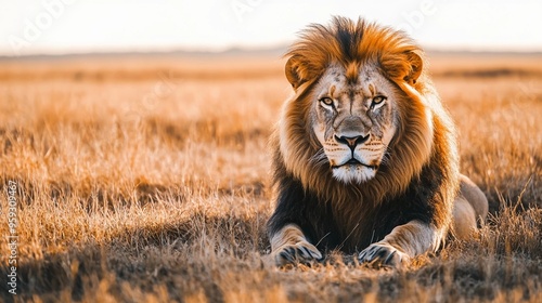Close-up of a lion resting in the African savannah, eyes focused on the camera