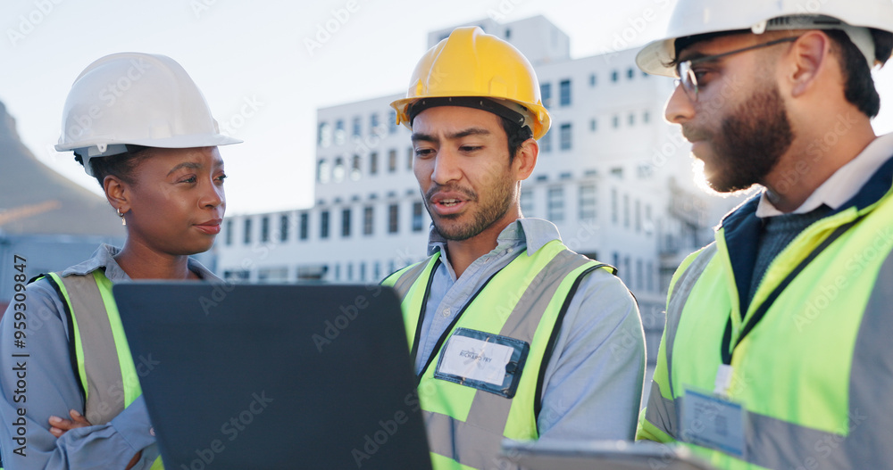 Laptop, engineering and construction team on site for city planning, maintenance or repairs. Discussion, contractor and group of civil employees with tech for renovation approval on town rooftop. Laptop, engineering and construction team on site for city planning, maintenance or repairs. Discussion, contractor and group of civil employees with tech for renovation approval on town rooftop.
