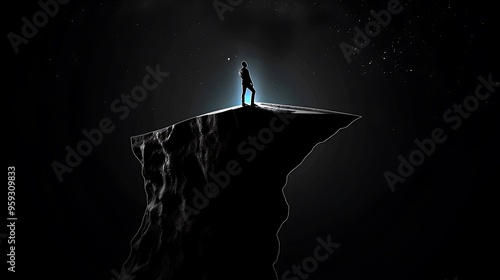 Gnawing existential dread a figure stands on the edge of a vast empty void their silhouette small and insignificant as the universe looms over them their shoulders slump under the weight of  photo