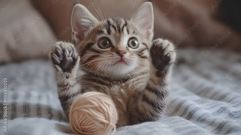 Tiny tabby kitten playing with a ball of yarn, paws up in the air. Tiny tabby kitten playing with a ball of yarn, paws up in the air.