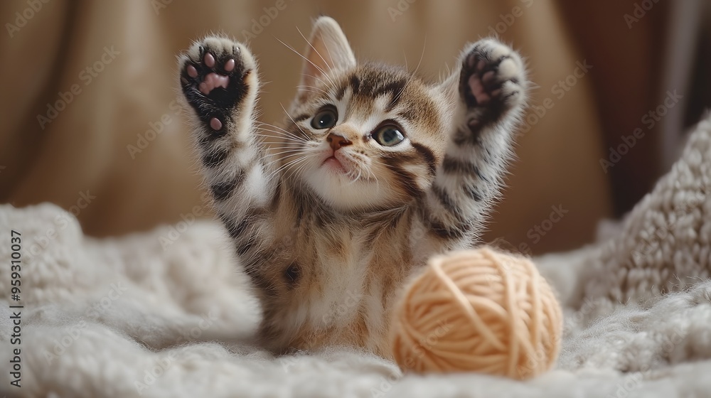 Tiny tabby kitten playing with a ball of yarn, paws up in the air. Tiny tabby kitten playing with a ball of yarn, paws up in the air.