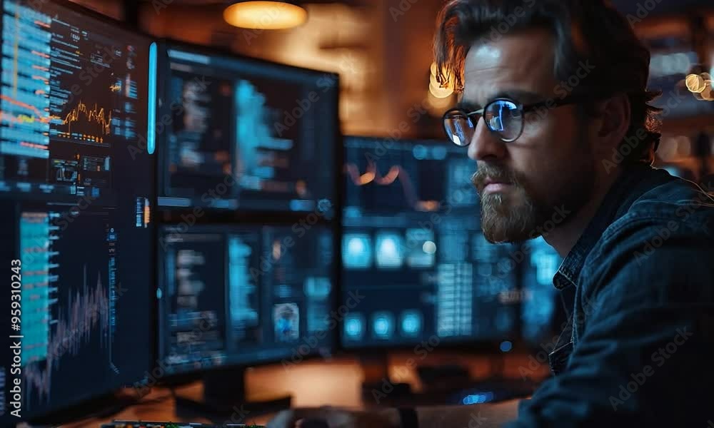 Focused Programmer Working on Multiple Screens Focused Programmer Working on Multiple Screens