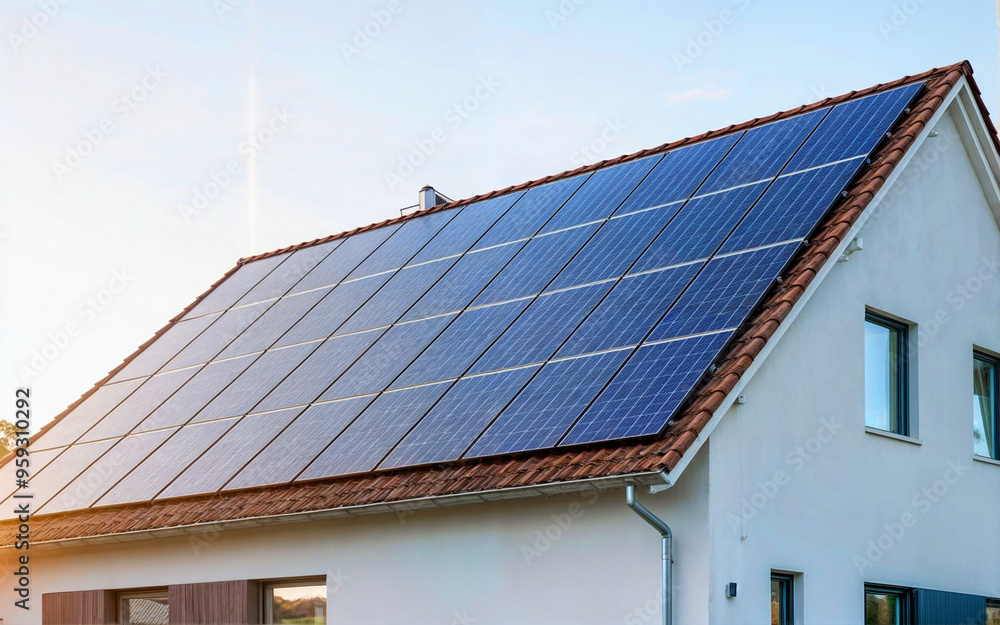 Solar roof on a single-family home reflects the sun Solar roof on a single-family home reflects the sun