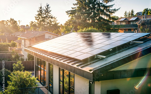 Solar roof on a single-family home reflects the sun