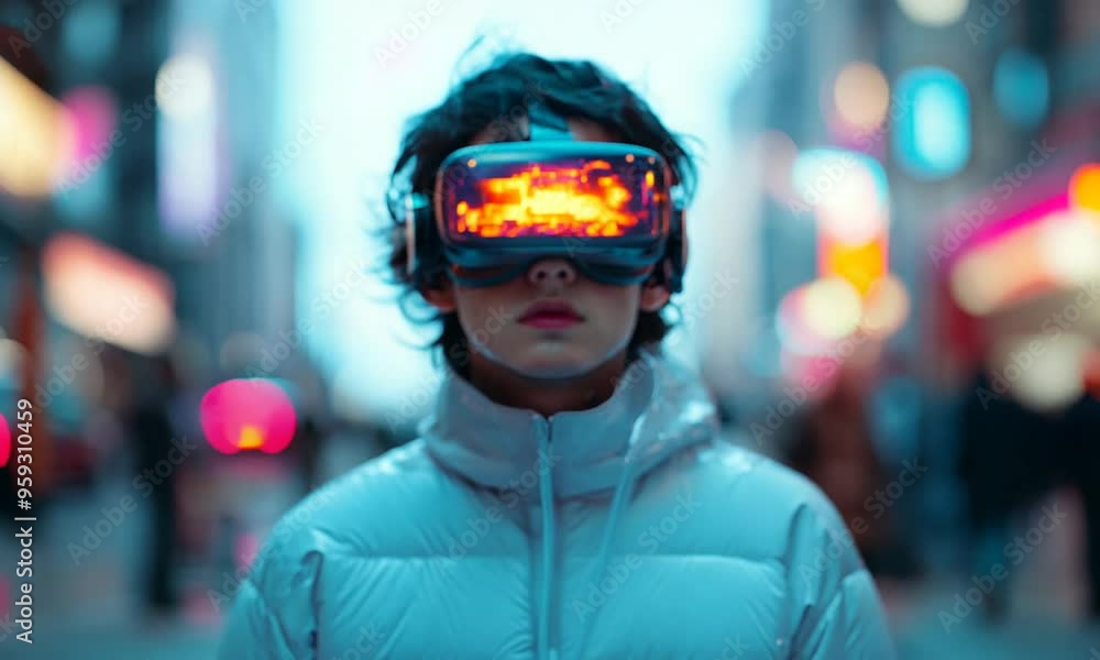 A person with a VR headset walking in a city A person with a VR headset walking in a city