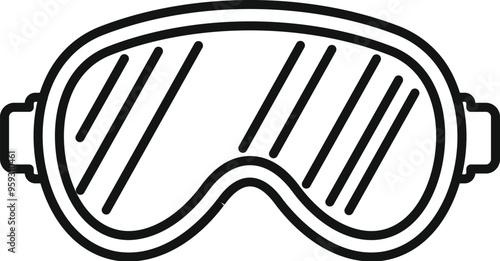 Black and white line art of ski goggles, protecting the eyes while skiing downhill, snowboarding, or having a snowball fight