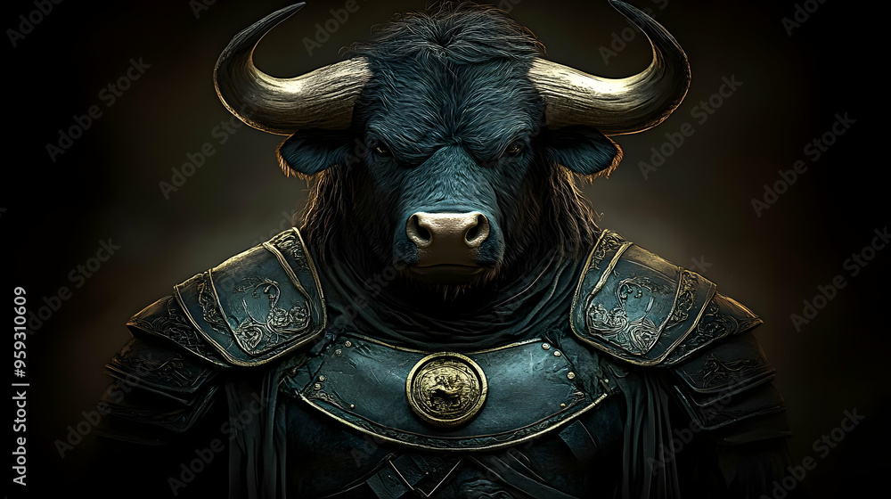 A bull-headed warrior with golden horns and armor, staring directly at the camera with an intense expression. A bull-headed warrior with golden horns and armor, staring directly at the camera with an intense expression.
