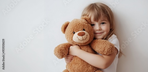 Child hugs a teddy bear on a light background. Cute little girl 3 year old hugging bear doll.
