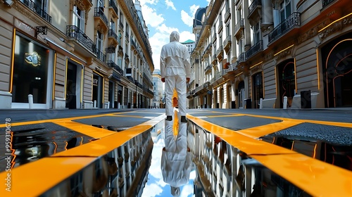 Overwhelming deja vu a figure stands bewildered in a familiar street where scenes from the past repeat and fold into one another creating an endless loop of overlapping realities the visual 