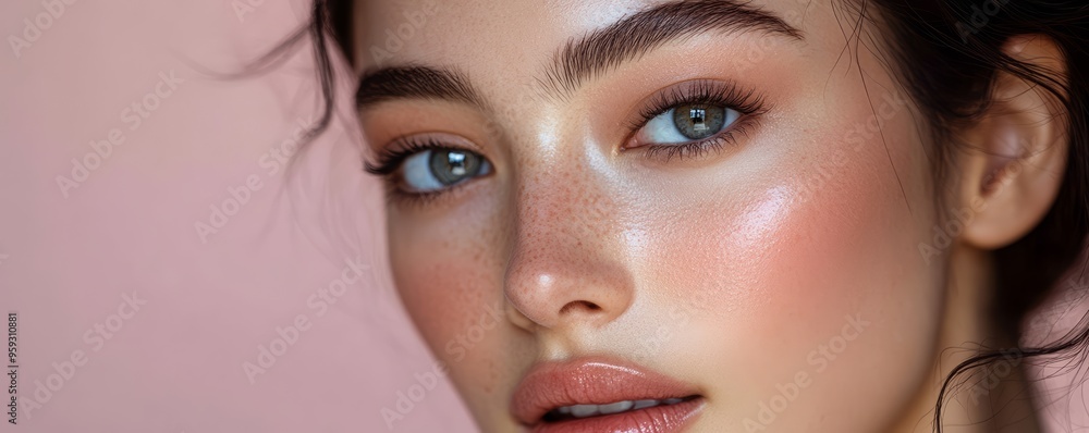 Close-up portrait of a woman with radiant skin, flawless makeup, and blue eyes against a soft pink background. Close-up portrait of a woman with radiant skin, flawless makeup, and blue eyes against a soft pink background.