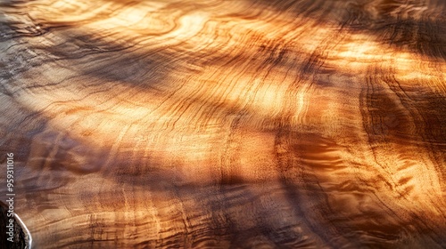 Close-up of Polished Wooden Surface with Warm Lighting photo