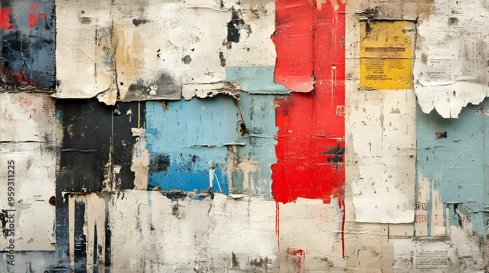 Naklejka premium A close up of a wall with layers of faded and ripped posters revealing textures and colors beneath.