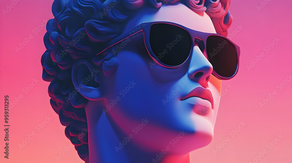 A close-up of a blue, sculpted bust wearing sunglasses, looking up with a pink and blue background. A close-up of a blue, sculpted bust wearing sunglasses, looking up with a pink and blue background.