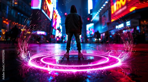Overwhelming sensory overload a person stands at the center of a chaotic cityscape where lights sounds and movement bombard them from all directions their eyes are wide as they try to process 