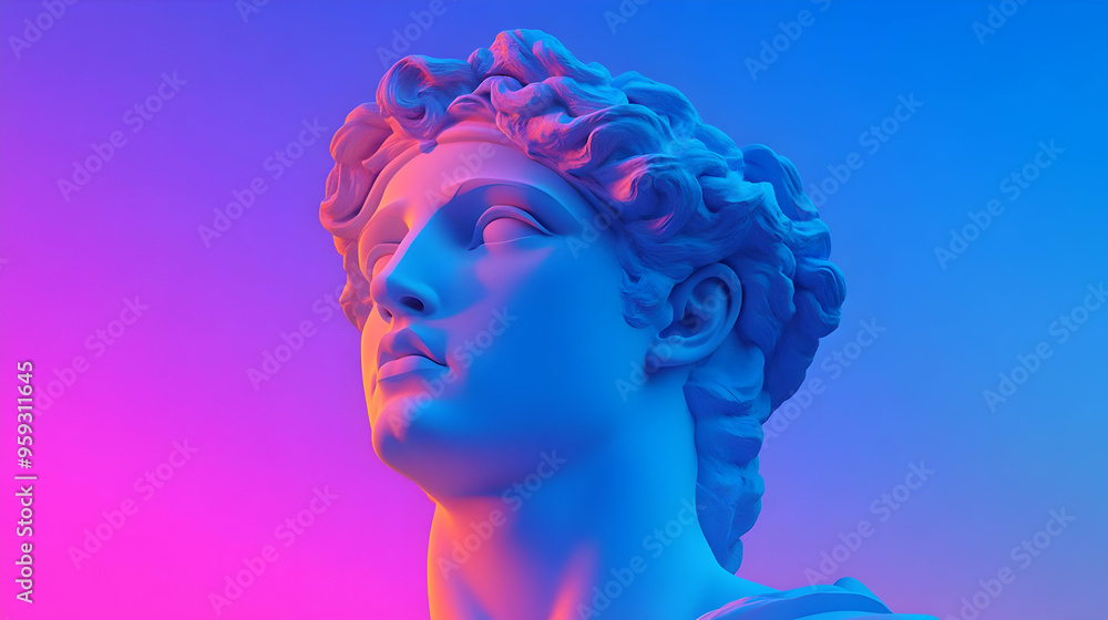 A close-up of a white plaster sculpture of a man's face against a blue and pink background. A close-up of a white plaster sculpture of a man's face against a blue and pink background.