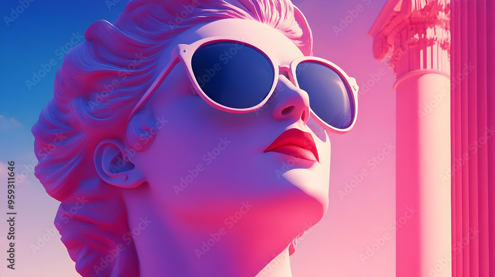 A close-up of a woman's face in pink and purple lighting, with her chin tilted up and wearing sunglasses. A close-up of a woman's face in pink and purple lighting, with her chin tilted up and wearing sunglasses.