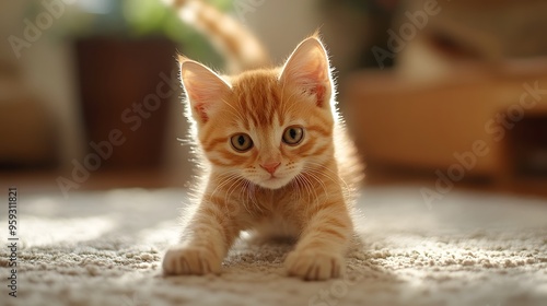 Orange tabby kitten stretching out with a playful expression.