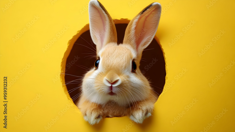 A cute bunny rabbit peeks out of a hole in a yellow wall. A cute bunny rabbit peeks out of a hole in a yellow wall.