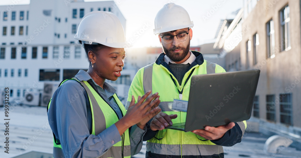 Laptop, discussion and construction team on rooftop site for city planning, renovation or building project. Computer, architecture and industrial civil engineers with maintenance check in town. Laptop, discussion and construction team on rooftop site for city planning, renovation or building project. Computer, architecture and industrial civil engineers with maintenance check in town.