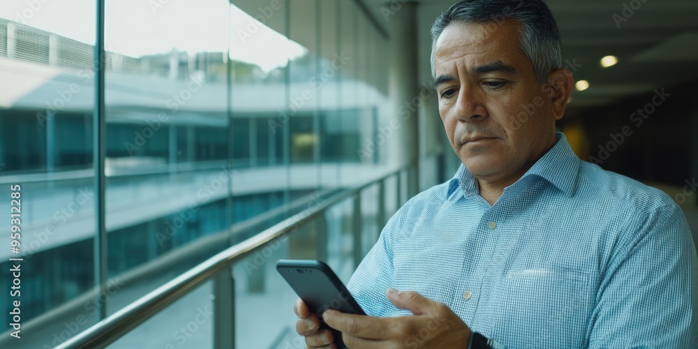 Businessman using a smartphone in an office building Businessman using a smartphone in an office building