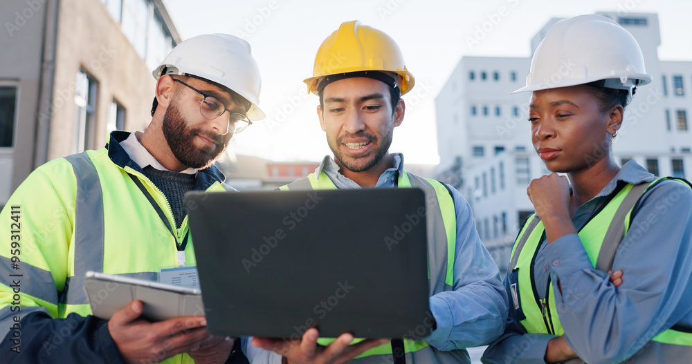 Tablet, laptop and construction engineers on site for city planning, maintenance or repairs. Discussion, contractor and team of civil employees with technology for renovation approval on town rooftop Tablet, laptop and construction engineers on site for city planning, maintenance or repairs. Discussion, contractor and team of civil employees with technology for renovation approval on town rooftop