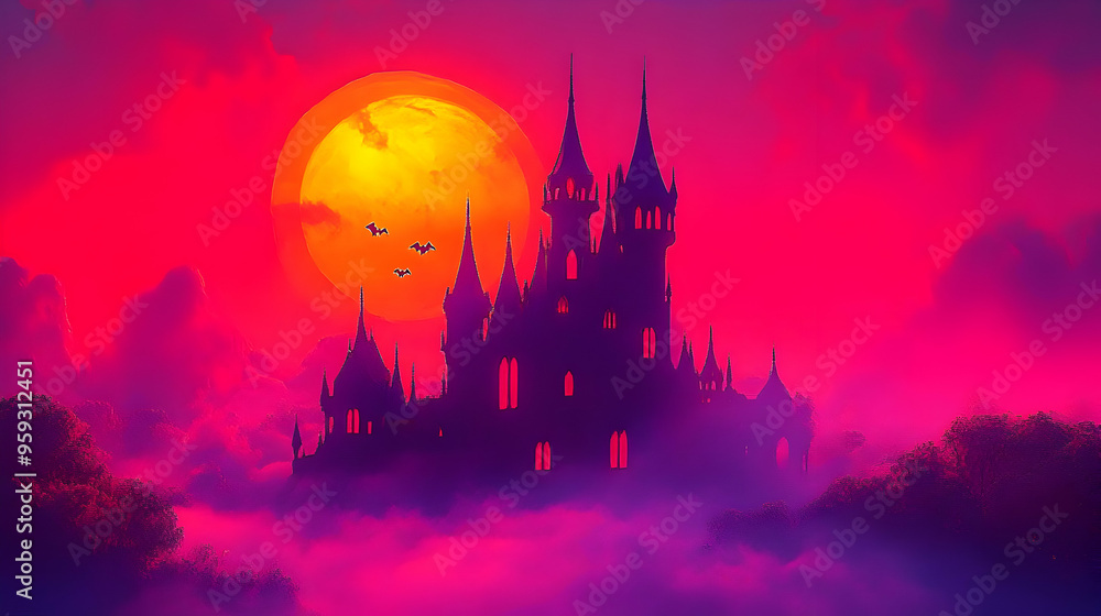 A dark castle silhouette against a red and orange sunset with bats flying in the air. A dark castle silhouette against a red and orange sunset with bats flying in the air.