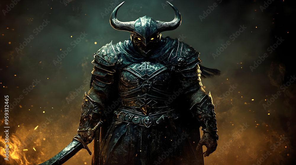 Fototapeta premium A dark, armored warrior with glowing eyes stands in a fiery background.