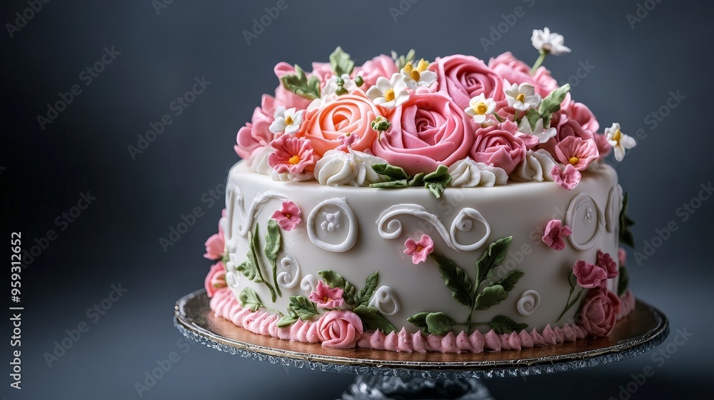 A beautifully decorated cake with intricate icing designs, fresh flowers, and a glossy finish, capturing the artistry and elegance of cake decoration. A beautifully decorated cake with intricate icing designs, fresh flowers, and a glossy finish, capturing the artistry and elegance of cake decoration.
