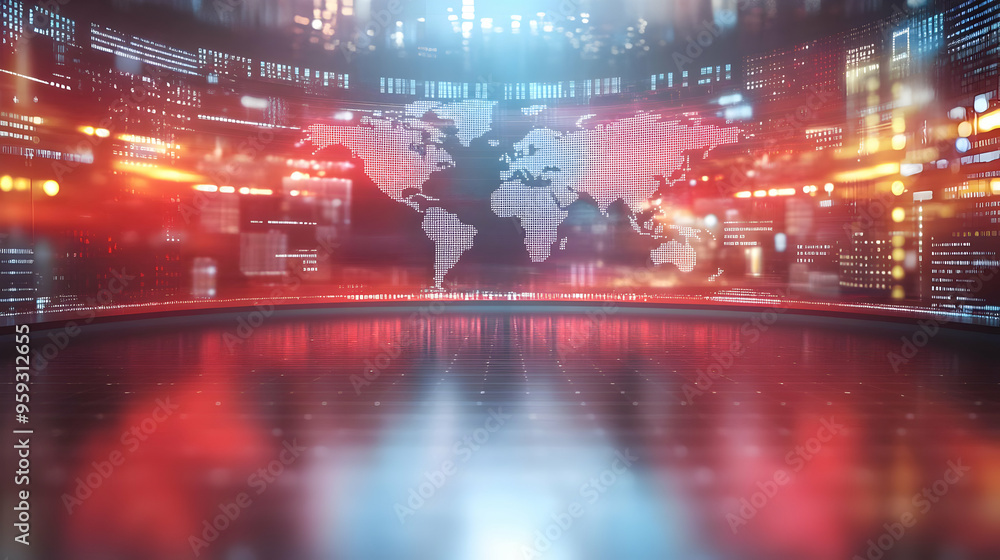 A digital world map displayed on a futuristic screen with bright red and blue lights. A digital world map displayed on a futuristic screen with bright red and blue lights.