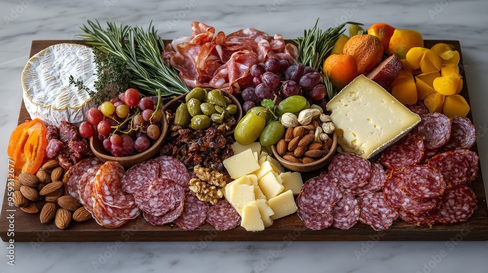 A beautifully arranged charcuterie board with an assortment of cured meats, cheeses, fruits, and nuts, showcasing the elegance and variety of fine dining A beautifully arranged charcuterie board with an assortment of cured meats, cheeses, fruits, and nuts, showcasing the elegance and variety of fine dining